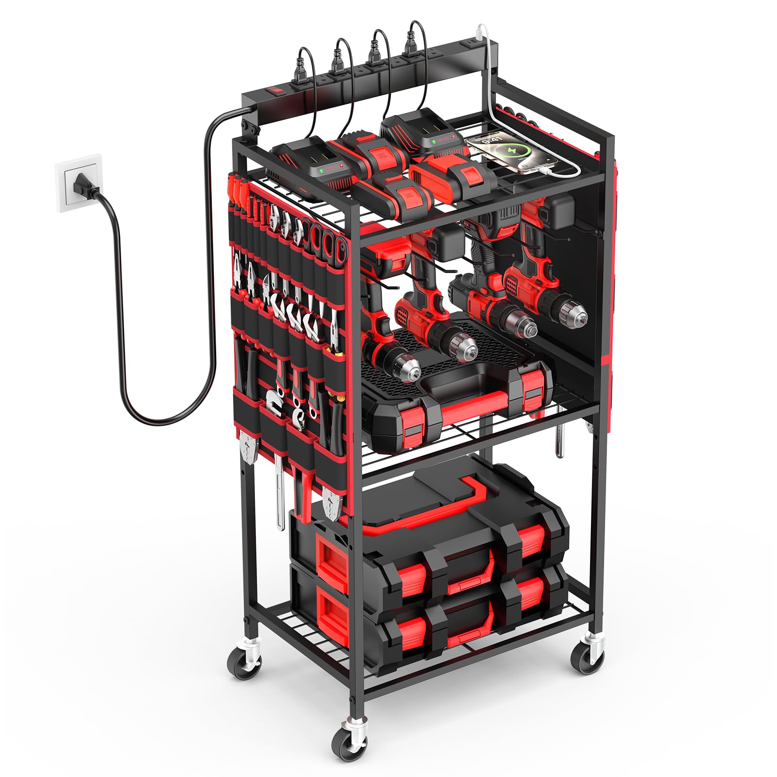 JUNNUJ Garage Large Power Tool Organizer Cart with 8 Outlet 3 USB Charging Station, Floor Rolling Drill and Tools Battery Storage Cart on Wheels, Heavy Duty Utility Rack Shelf with Power Strip