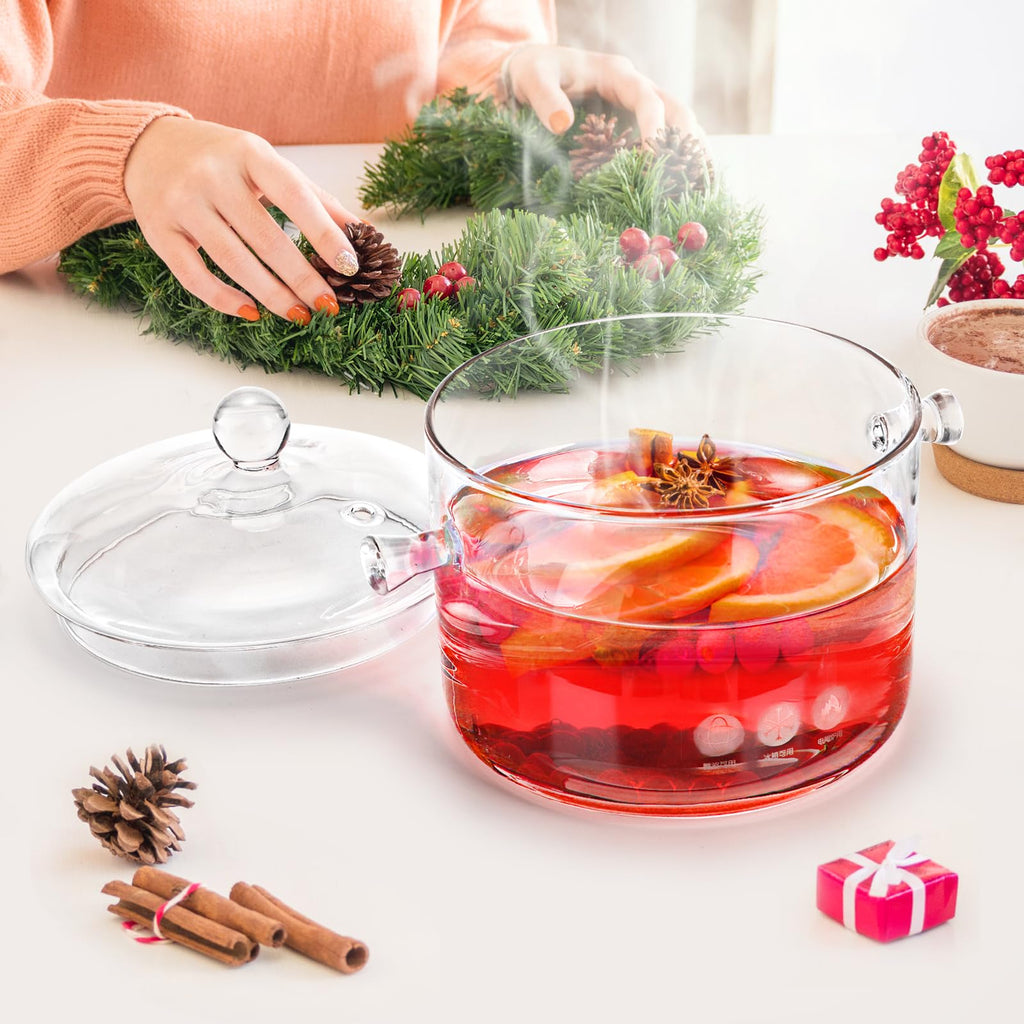 Jucoan 1.5L/50oz Glass Saucepan with Cover, Heat Resistant Stovetop Glass Cooking Pot with Lid for Pasta Noodle, Soup, Milk, Clear Simmer Pot for Potpourri Christmas Holiday Home Fragrance