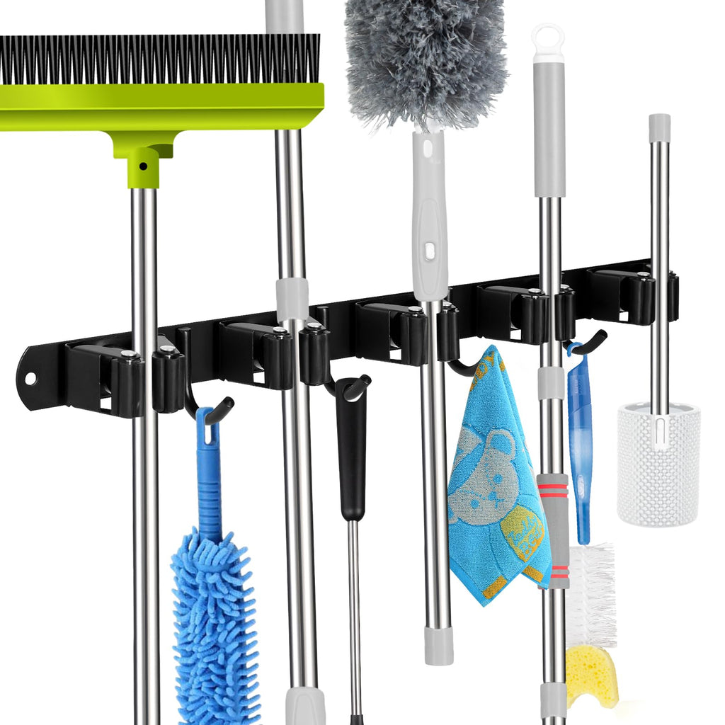 voze [2 Pack] 5 Racks and 4 Hooks Mop and Broom Holder Wall Mount, Self Adhesive Heavy Duty Broom Organizer Storage Tool Racks for Kitchen Garden Laundry Garage Black