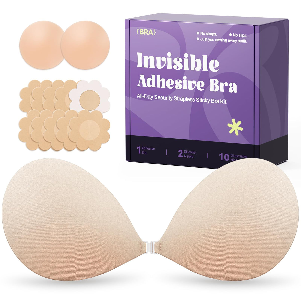 Invisible Strapless Sticky Bra Push up for Women, Ultra Adhesive Bra for Backless Dress, Cleavage Bra Lift Novelty Bras (B Cup, Light Beige)