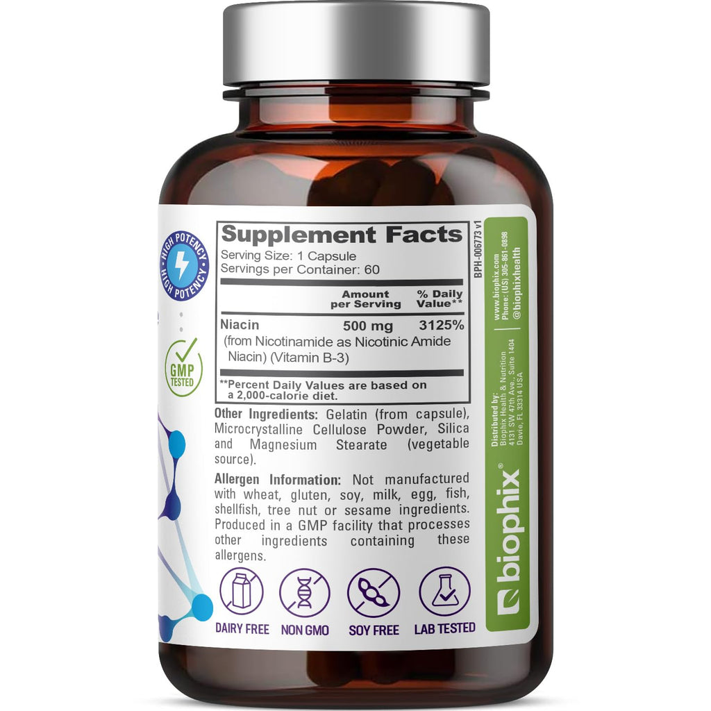 biophix B-3 Nicotinamide 500 mg 60 Caps - Nicotinic Amide Niacin Natural Flush-Free Vitamin Formula - Supports Skin Cell Health
