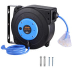VEVOR Retractable Extension Cord Reel, 30 FT, Heavy Duty 16AWG/3C SJTOW Retractable Power Cord Reel with Lighted Triple Tap Outlet 10 Amp Circuit Breaker, for Ceiling or Wall Mount, Blue