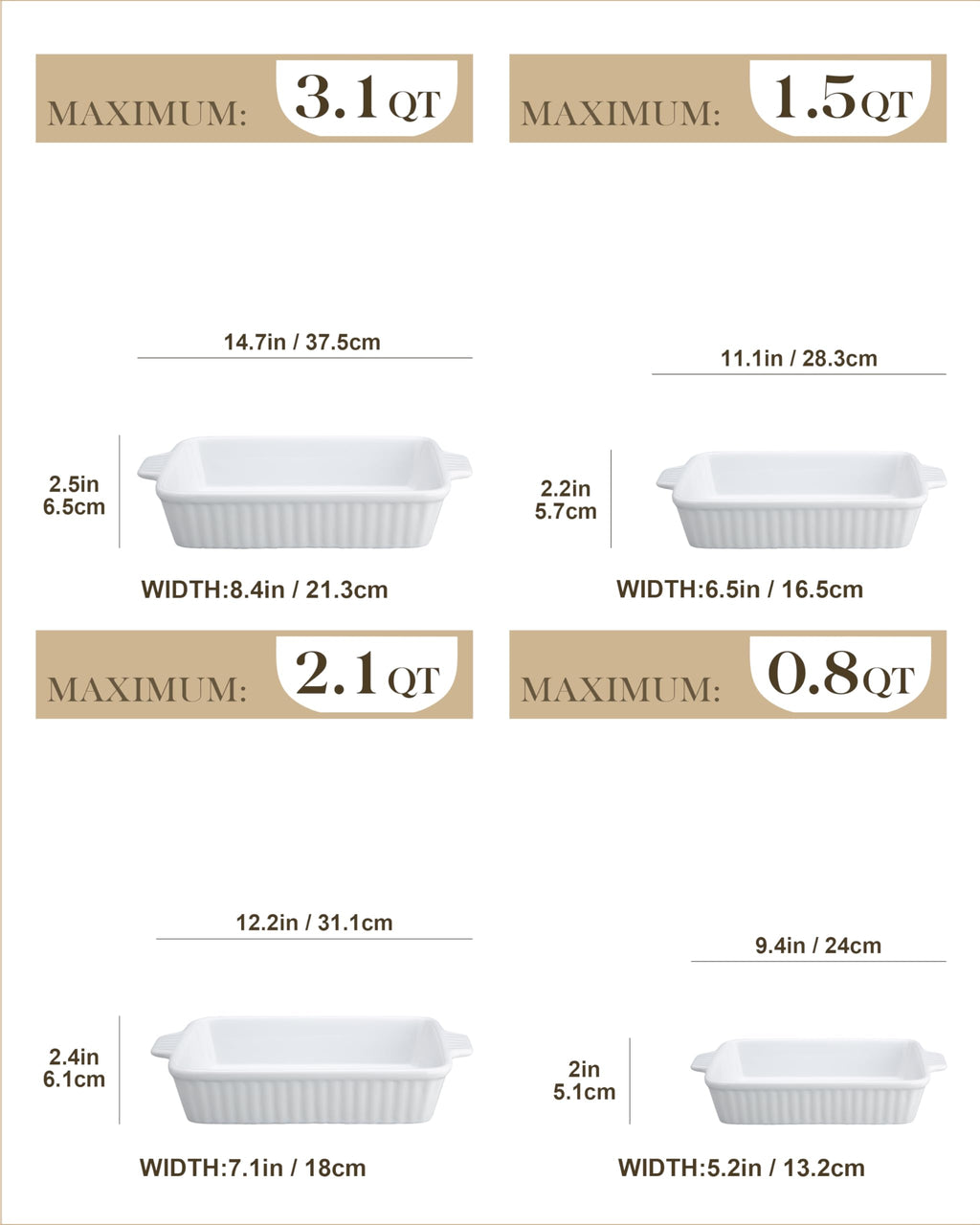 MALACASA Casserole Dishes for Oven, Ceramic Baking Dishes Set of 4, White