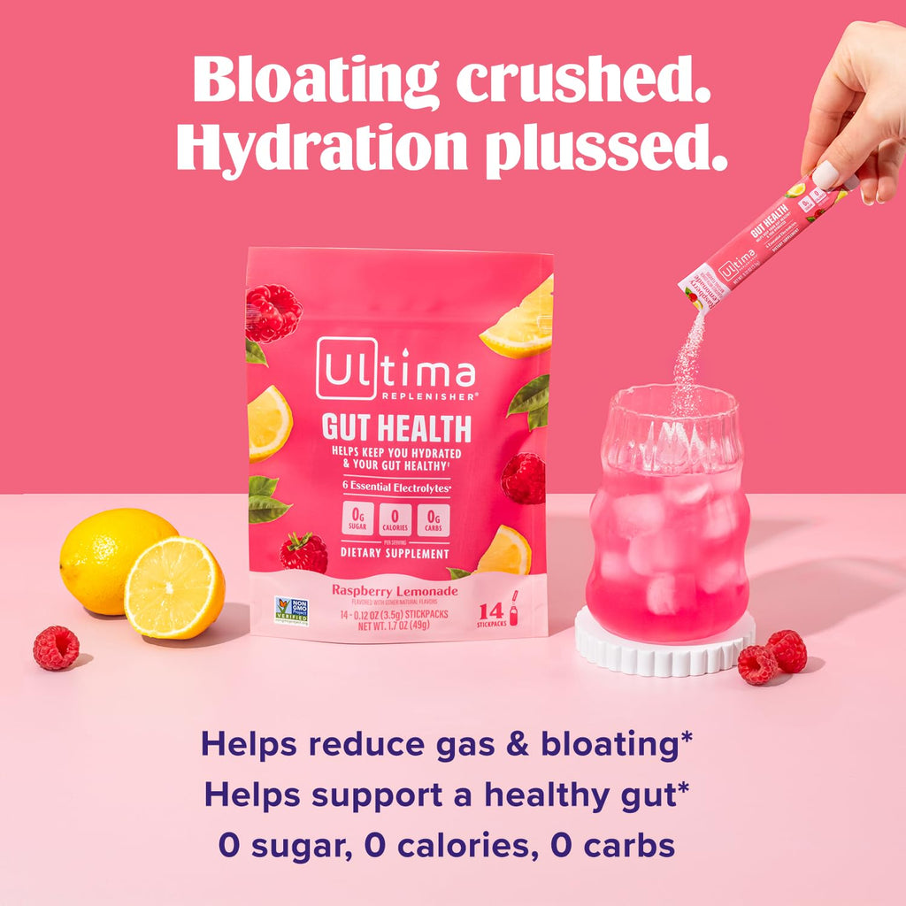 Ultima Replenisher Gut Health Supplement and Electrolytes Powder - Raspberry Lemonade, 14 Stickpacks - Hydration Packets with Added Gut Health Benefits