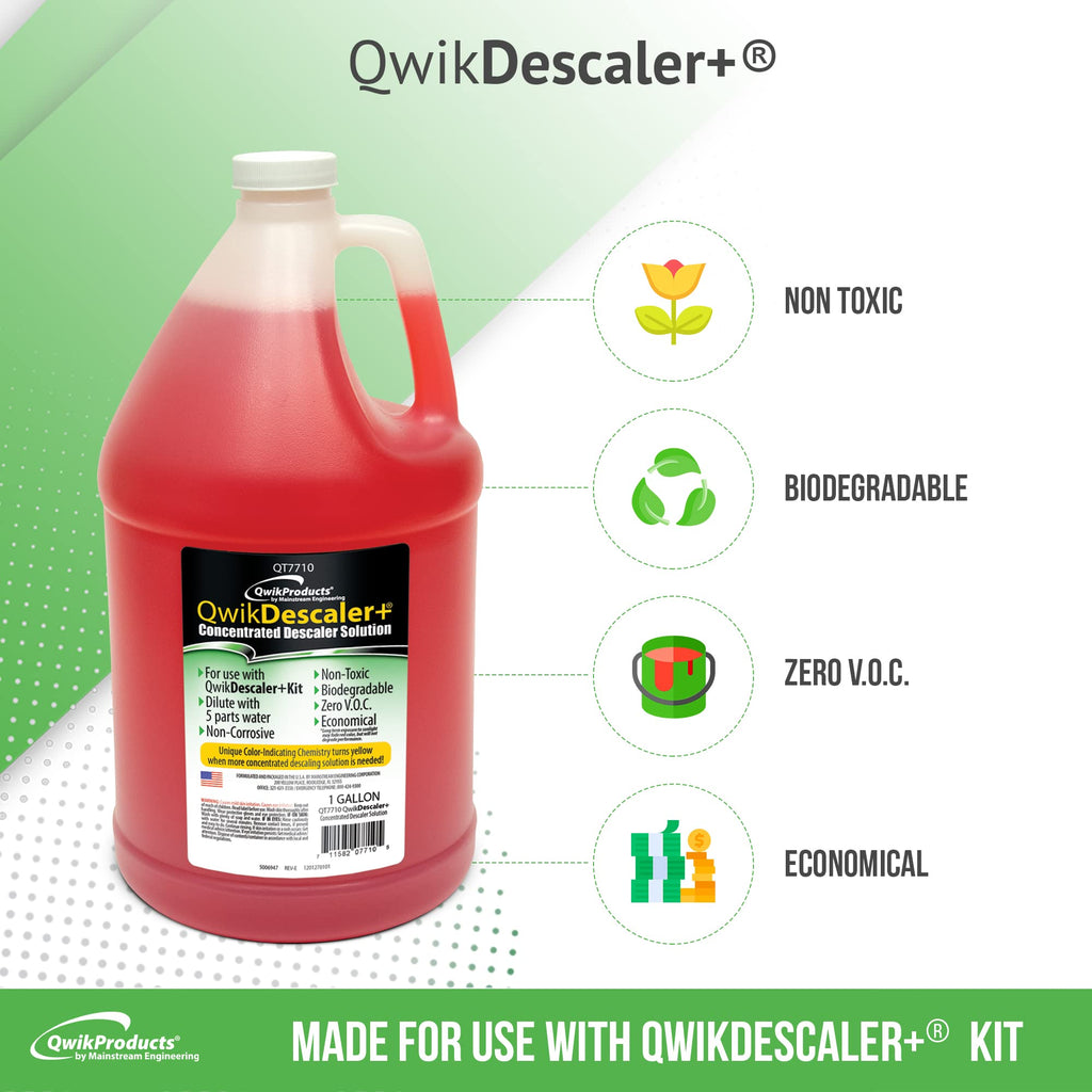 QwikProducts QwikDescaler + Concentrated Descaler Solution, Tankless Water Heater Descaling Solvent for Heat Exchanger, Quickly Dissolves Scale, Lime, Tarnish and Deposits, 1 Gallon