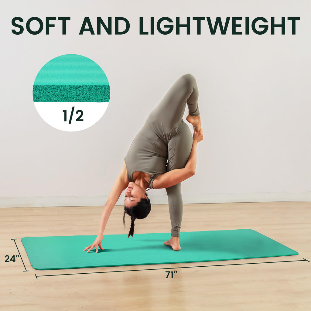 Fitvids 1/2-Inch Thick High Density Foam Exercise Yoga Mat with Carrying Strap, For Cushioning The Body Against Hard Floors, Aqua