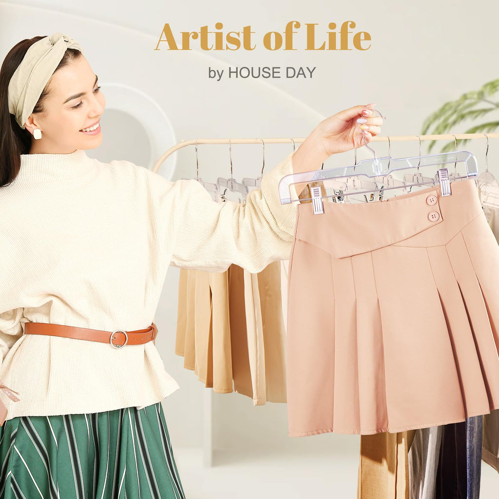 HOUSE DAY 14 Inch Clear Pants Hangers with Clips 12 Pack, Skirt Hangers