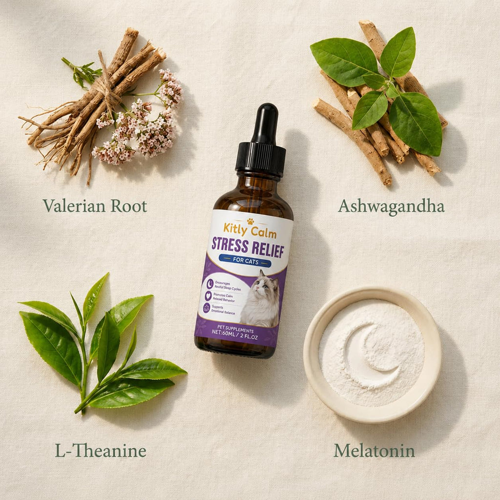 Kitly Calm Cat Calming Drops for Cats, with Valerian, Ashwagandha, L-Theanine, Helps to Manage Stress & Anxiety, Improving Sleep Quality, Help Curb Destructive Behavior, Rapid Absorption, 2floz