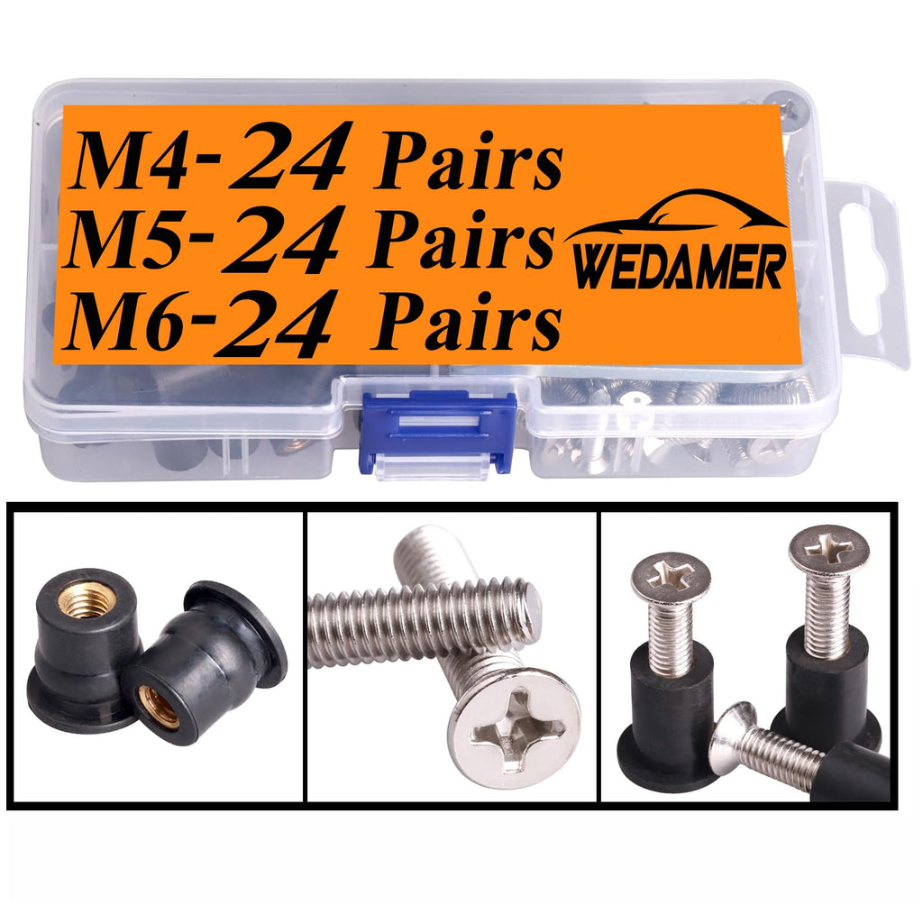 WEDAMER 72 Pairs M4 M5 M6 Neoprene Well Nuts with Stainless Steel Screw M5 Rubber Well Nuts Kayak Brass Copper Bolts Well Nut Kit for Kayak Motorcycle Boat Marine Windscreen Accessories (M4 M5 M6)
