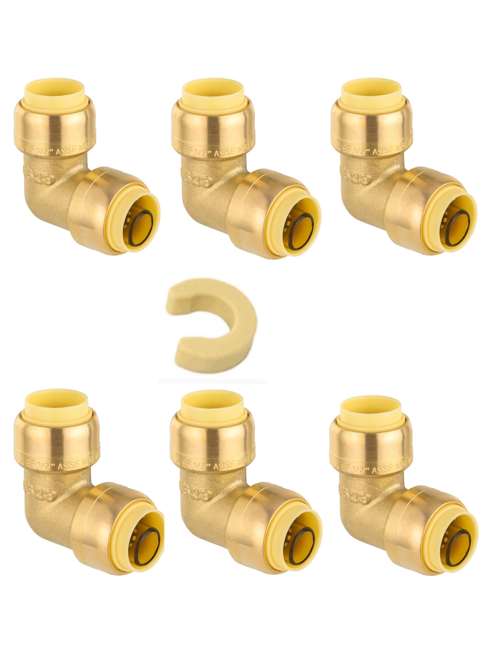 (Pack of 6) EFIELD 1/2-inch 90-Degree Elbow, Push-Fit Brass Fittings to Connect Copper, PEX, CPVC Pipe with 1/2" Disconnect Clip, UPC Certified,(PF-UNI008)