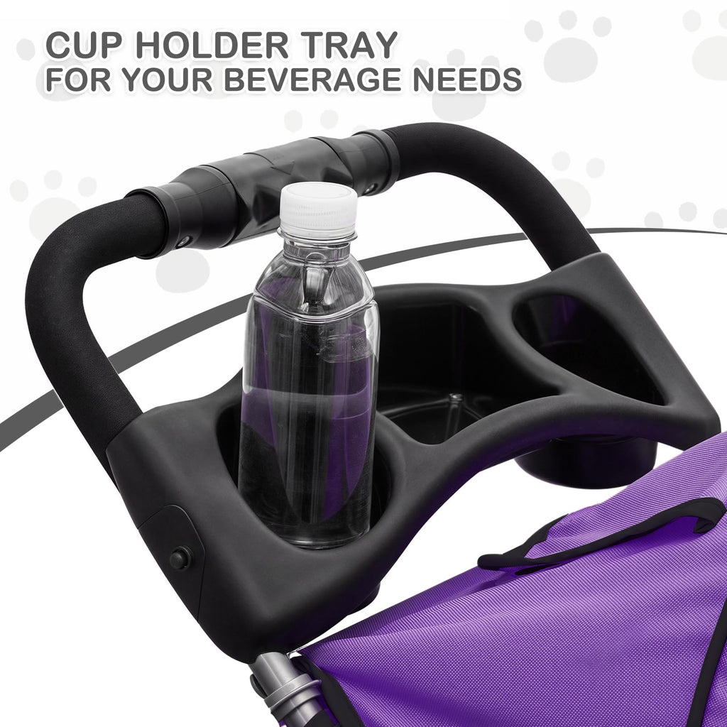 MoNiBloom 3 Wheels Pet Dog Cat Stroller for Small Medium Dogs Cats, Lightweight Foldable Jogger Stroller w/Storage Basket and Cup Holder, Purple