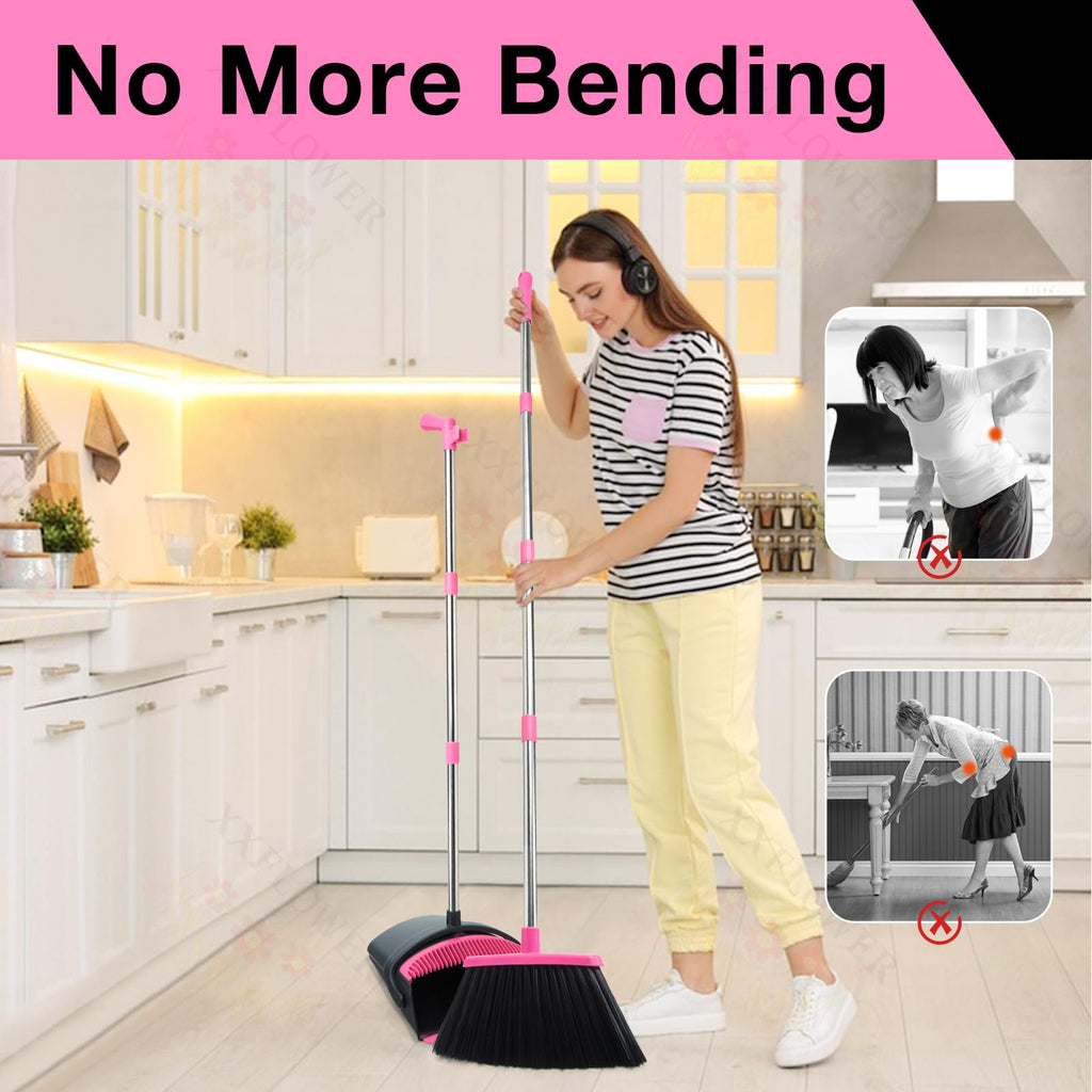 XXFLOWER Broom and Dustpan Set, Long Handle Lightweight Dustpans with Broom Combo for Home, Indoor&Outdoor Sweeping for Home Room Kitchen Office Lobby (Black Pink)