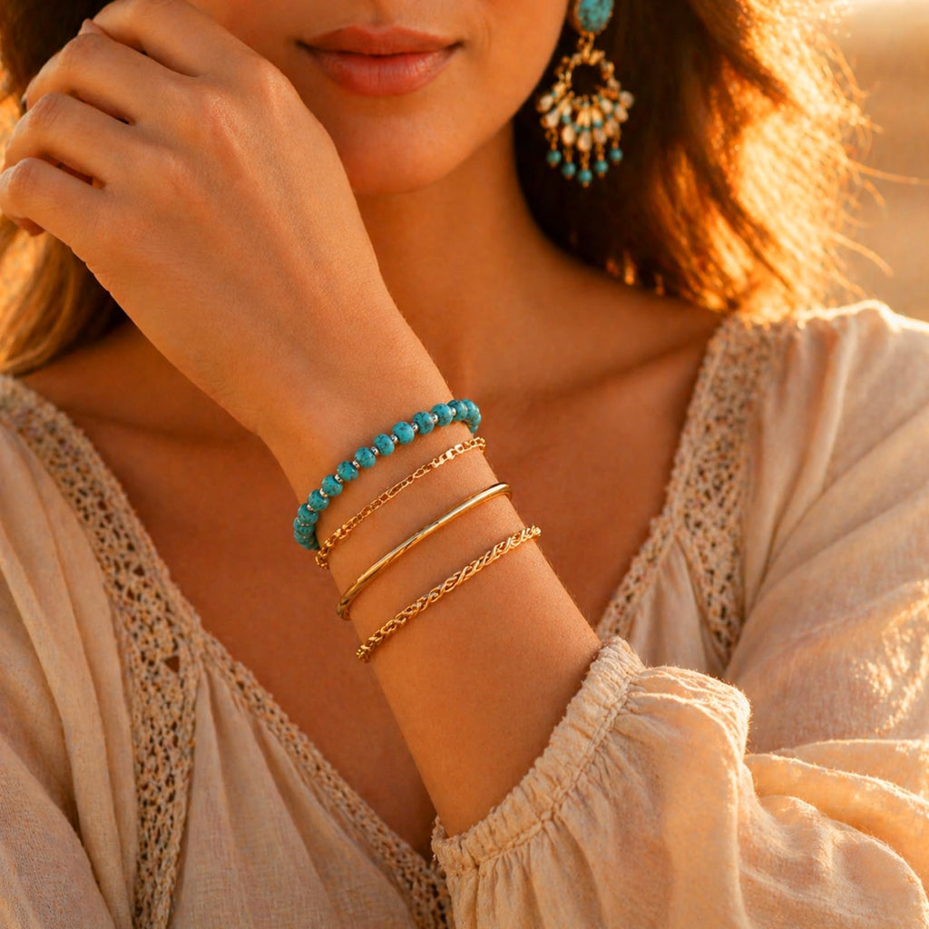 Sheplus 925 Sterling Silver Genuine Turquoise Beaded Bracelet for Women