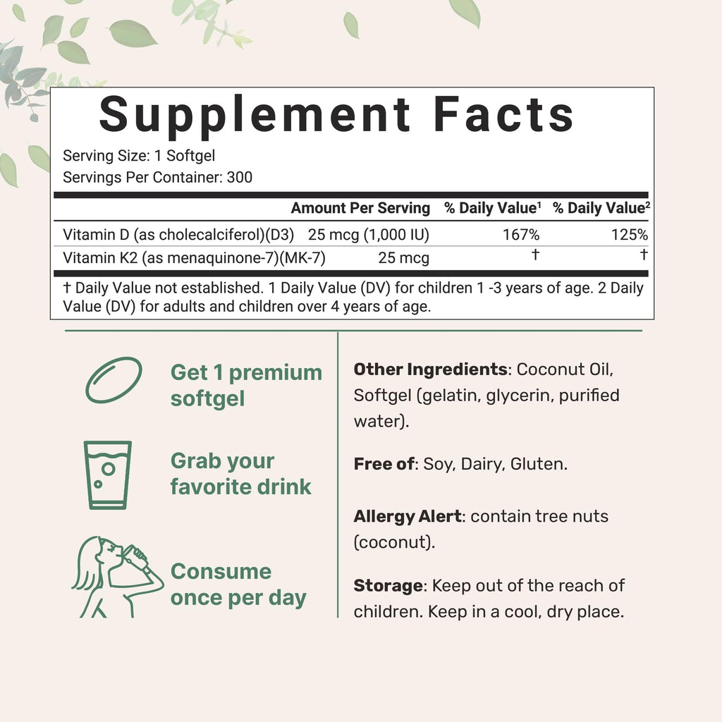 Micro Ingredients Vitamin D3 1,000 IU + K2 MK-7 25 mcg, 300 Softgels | Virgin Coconut Oil | 2-in-1 Bone, Immune & Heart Support | Easy to Swallow, Non-GMO