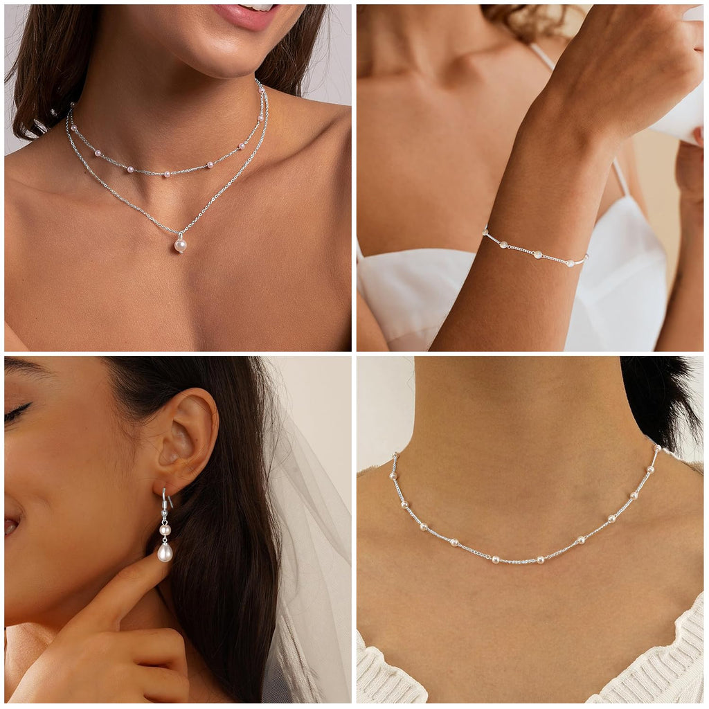 DIBOLA Silver Jewelry Set for Women Dainty Silver Layered Pearl Choker Necklaces and Earring Set Pearls Drop Earrings Pearl Bracelets Wedding Bride Jewelry