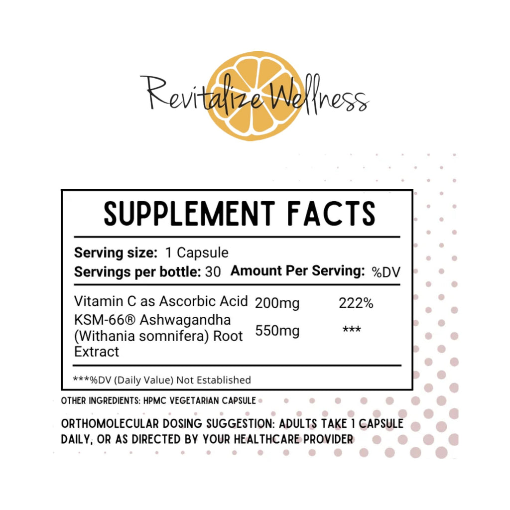 Revitalize Wellness Ashwagandha + Vitamin C Capsules | Stress and Immune Support Complex | with 550 mg Ashwagandha and 200 mg Vitamin C per Serving | 30 Servings