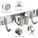 CUXIXA 2 Pack Mop and Broom Holder Wall Mount, Non-slip Broom Hanger, Heavy Duty Mop Broom Organizer for Kitchen Garden Garage Laundry Room Wall Decor Organization and Storage Silver 3R4H