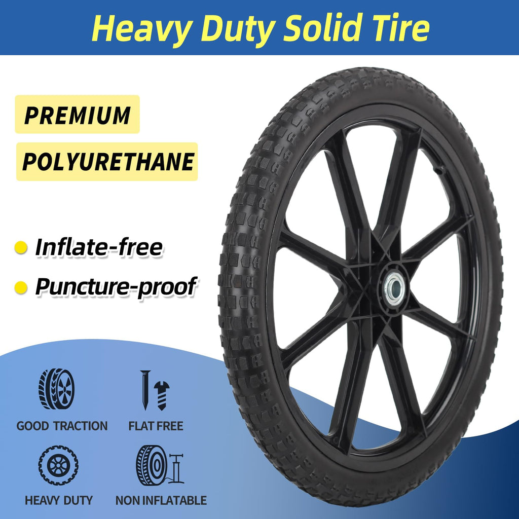 GICOOL 20" Flat Free Tire and Wheel, with 3/4" & 5/8" Bearing, 2.45" Centered Hub, Replacement Wheel For Rubbermaid Wheelbarrow, Garden Yard Cart, 2 Pcs