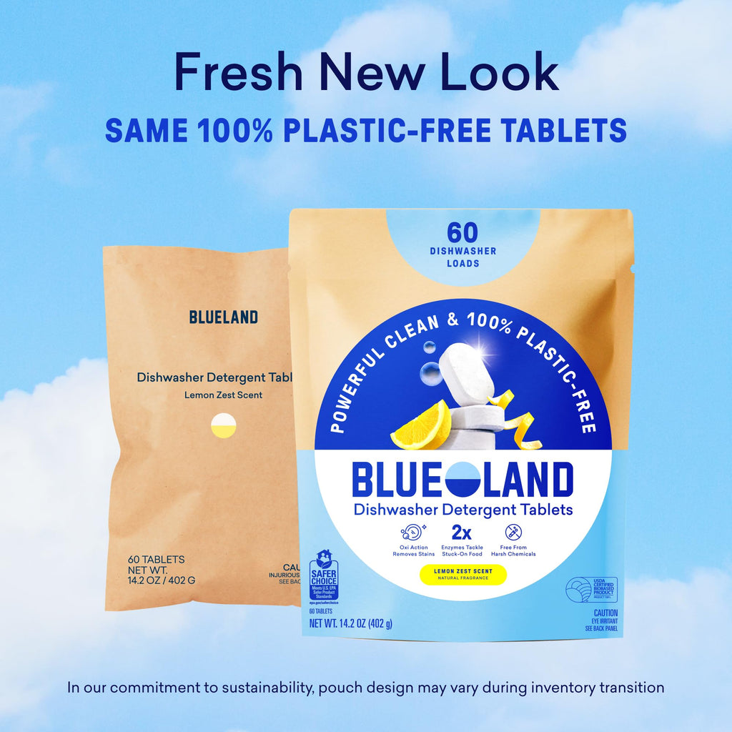 BLUELAND 100% Plastic-Free Dishwasher Detergent Tablets, 60ct, Lemon Zest