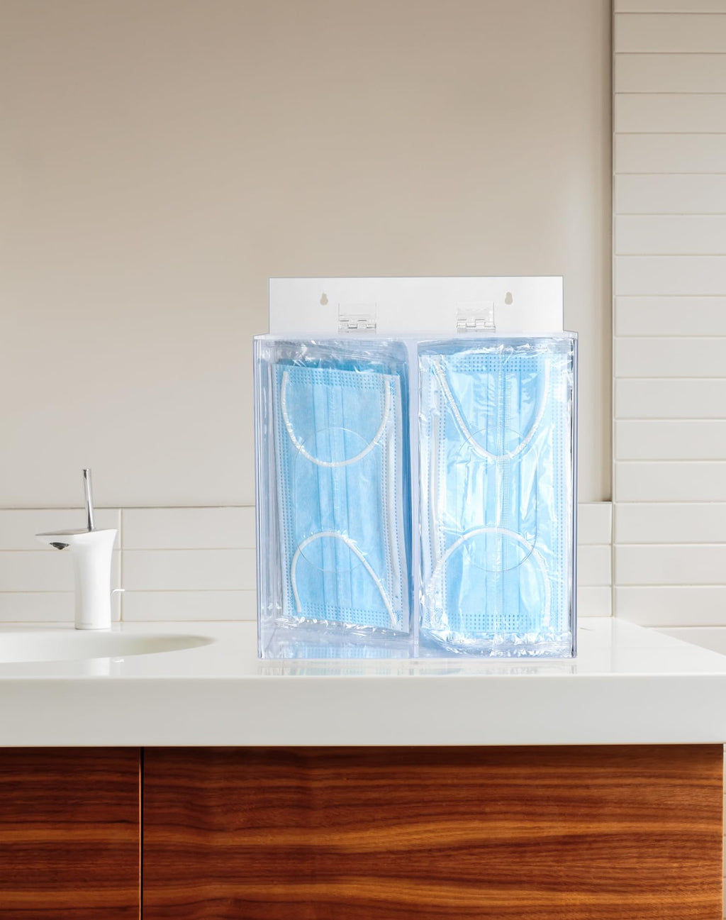 QWORK Clear Acrylic Mask and Glove Organizer – Dual Compartment Dispenser for Office & Home Use