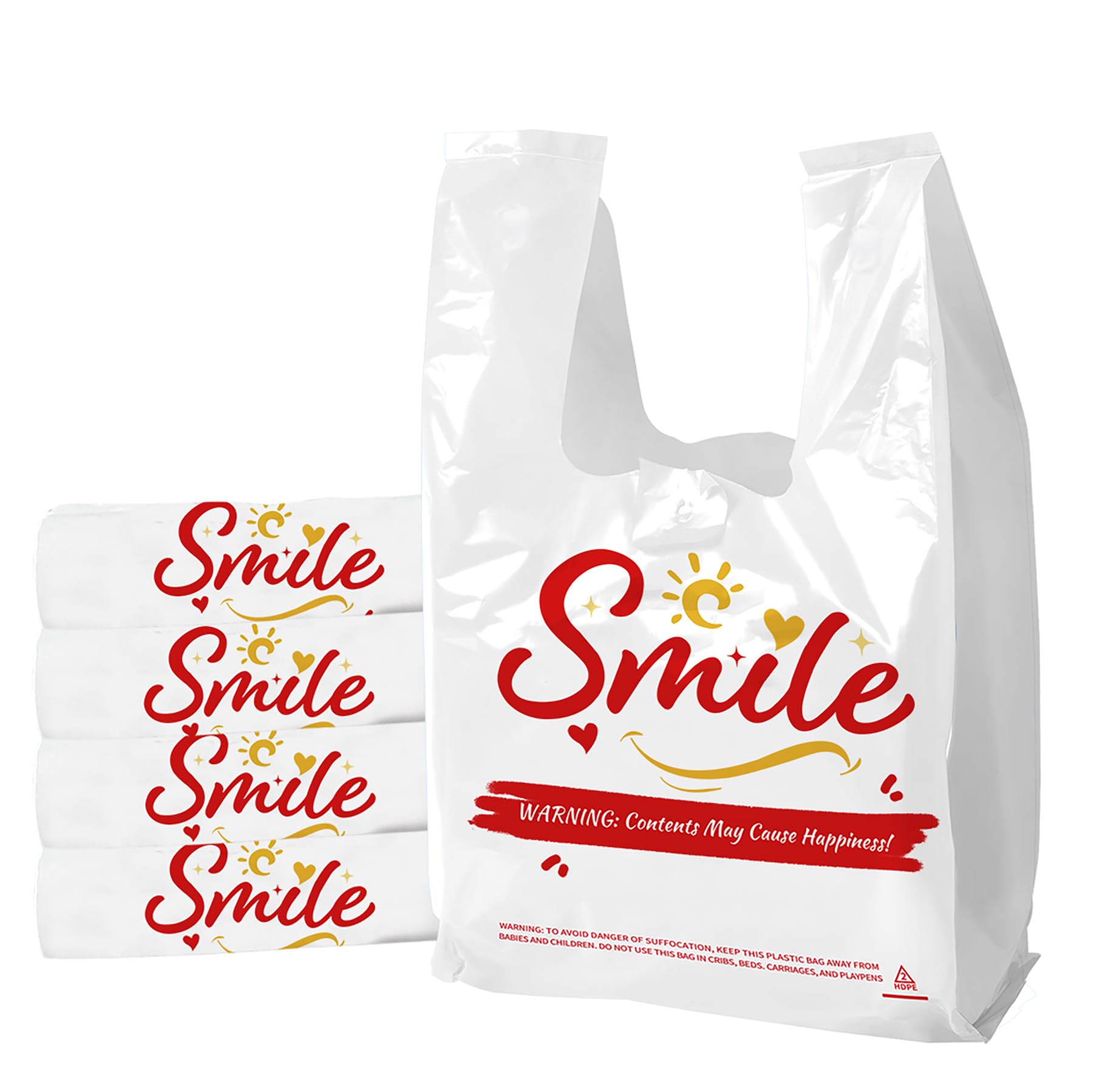 TGEONIX 200 Pack Upgraded White Thank You T-Shirt Bags - 11.5"x6.5"x21" Reusable Grocery Bags with Handles, Eco-Friendly Retail Packaging for Supermarket & Small Business