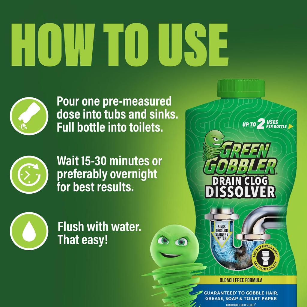 Green Gobbler Liquid Hair Drain Clog Remover & Cleaner, For Toilets, Sinks, Tubs - Septic Safe (6)