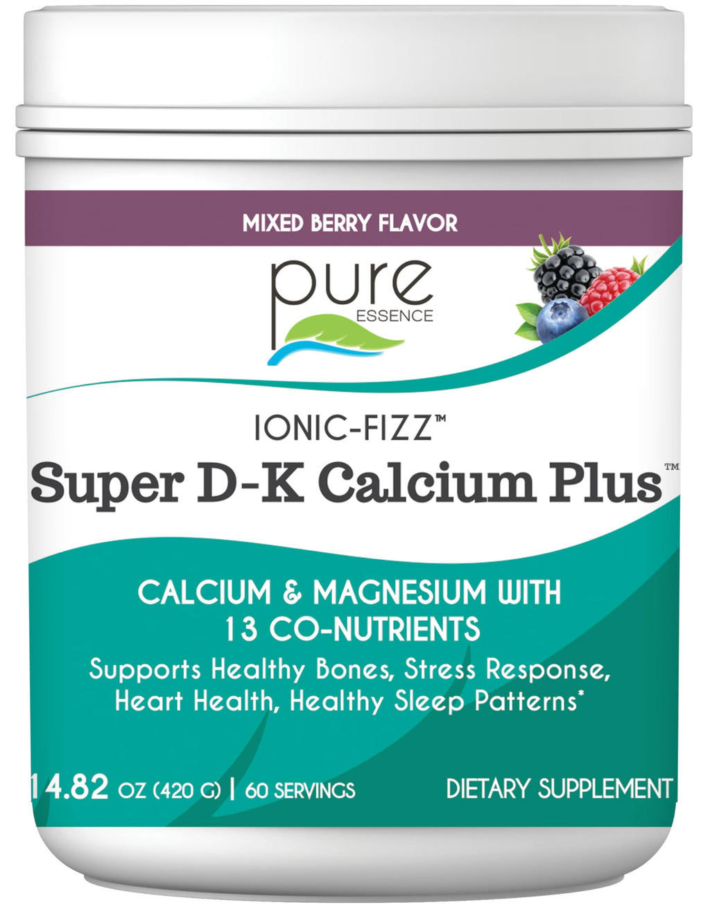 Ionic Fizz Super D-K Calcium Plus by Pure Essence - with Extra Magnesium, Vitamin D3, Vitamin K2 for Strong Bones and Stress Support - Mixed Berry - 14.82oz
