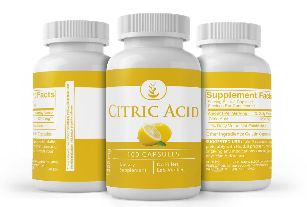 PURE ORIGINAL INGREDIENTS Citric Acid, (100 Capsules) Always Pure, No Additives Or Fillers, Lab Verified