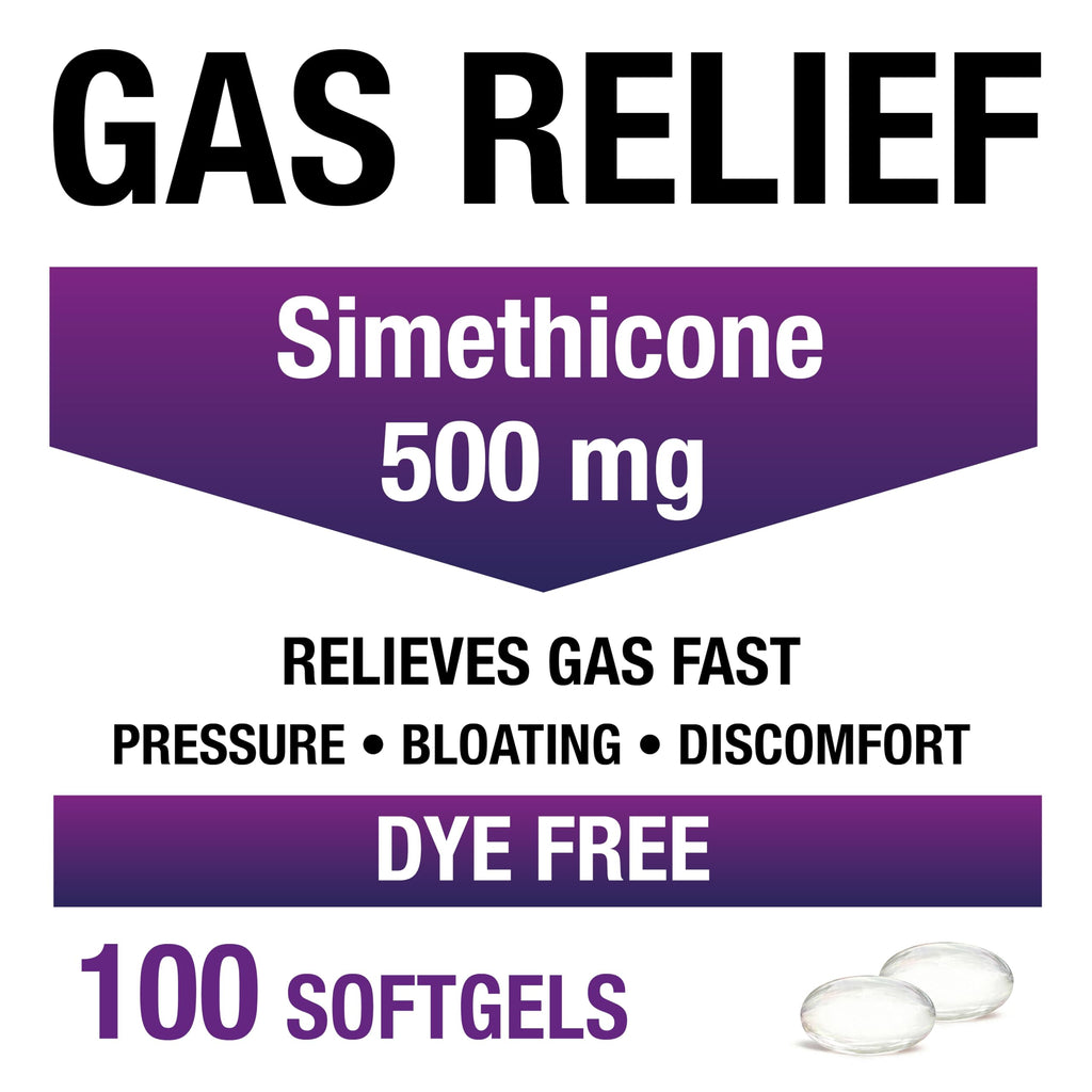 Puregen Labs Gas Relief Softgels with Simethicone 500 mg, Dye Free Formula, Fast Relief from Gas, Bloating & Pressure - 100 Softgels