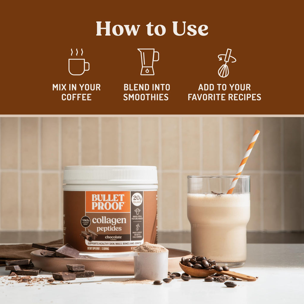 Bulletproof Chocolate Collagen Peptides Powder with MCT Oil, 14.3 Ounces, Grass-Fed Collagen Protein for Skin, Bone and Joint Support, Pasture Raised, No Added Hormones