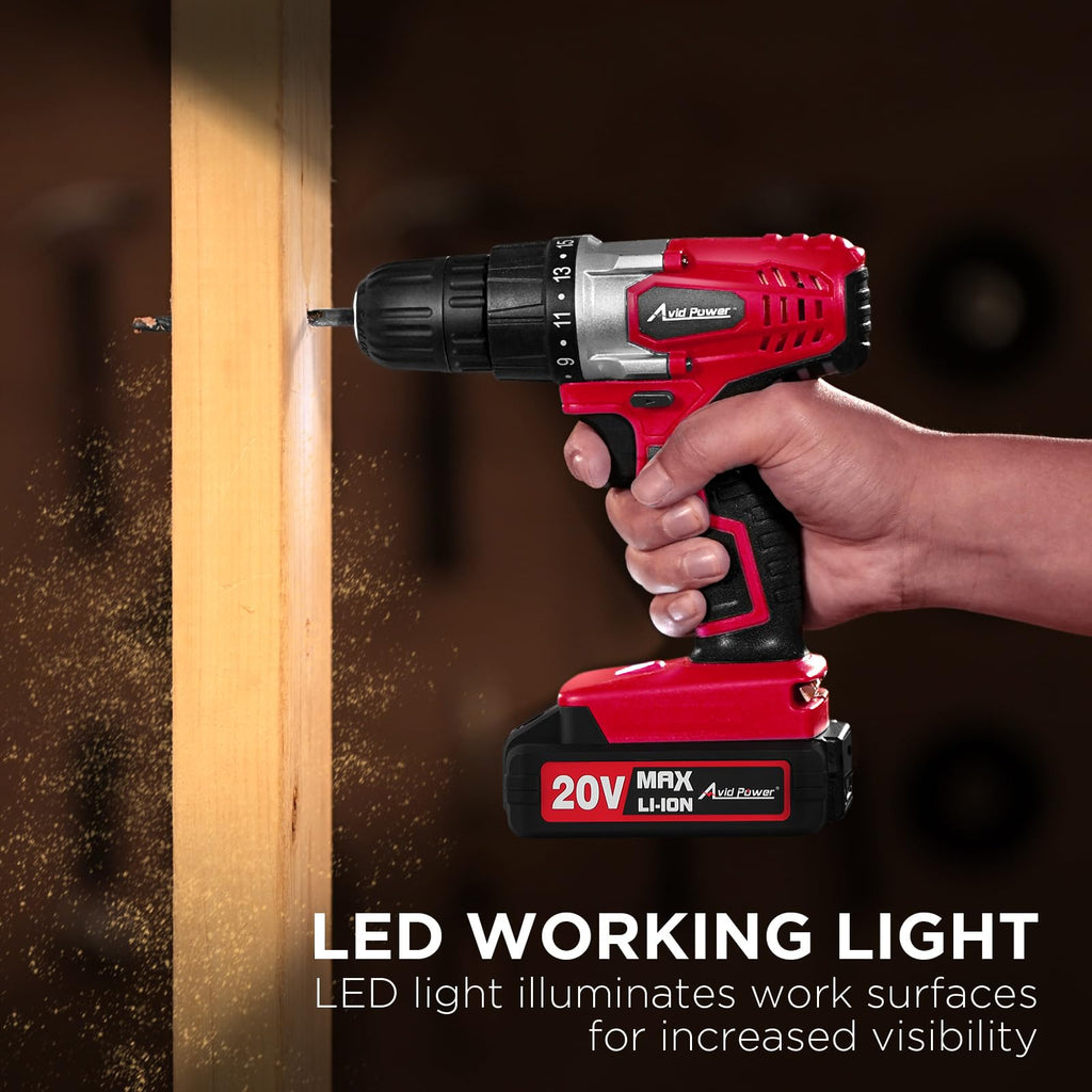 AVID POWER 20V Cordless Drill Set for Home DIY & Beginner Projects - Lightweight Power Drill with Battery Charger & 22 Bits, Variable Speed, 3/8" Keyless Chuck, Ideal for Furniture Assembly (Red)