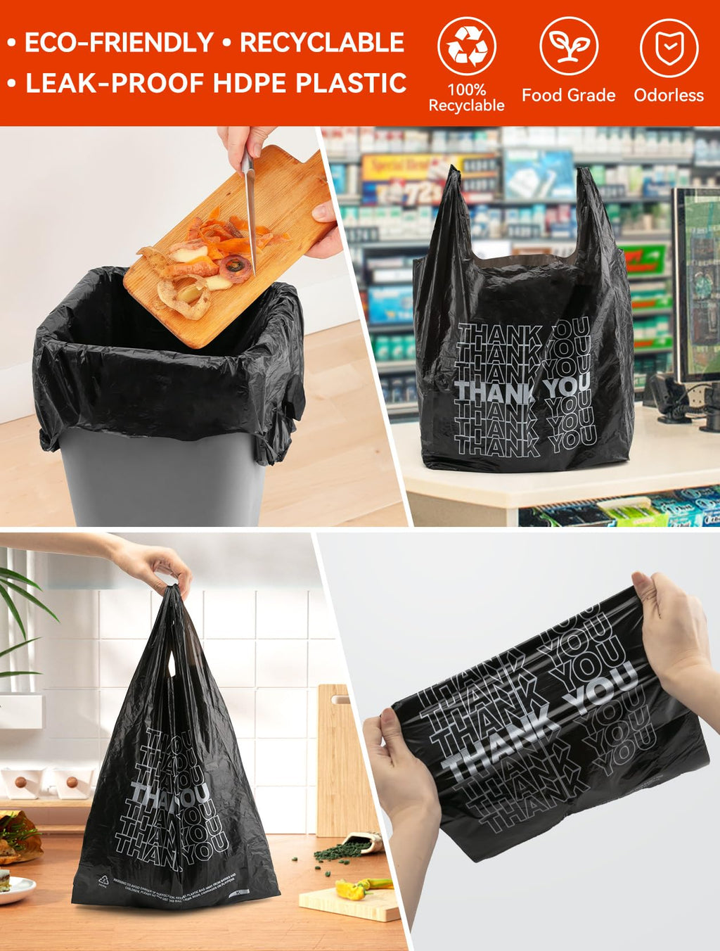 UMT Plastar 300 Count Thank You Plastic Bags, 12" x 6" x 22", 15 Mic Black T Shirt Grocery Bags with Handles, Ideal for Restaurants, Retail, Grocery Stores, Takeout, Convenience Stores