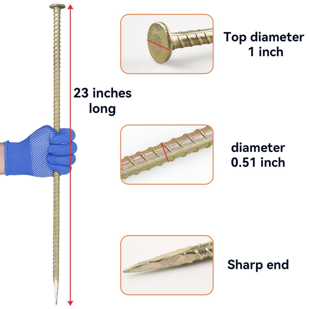 JPOIP 23-Inch Long Rebar Stakes - 1/2 Inch Diameter Heavy Duty Galvanized Steel Ground Asphalt Anchors for Speed Bump, Wheel Stop, Tent and More (4)