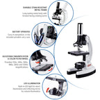 AmScope 120X-1200X 52-pcs Beginner Microscope STEM Kit with Metal Body Microscope, Plastic Slides, LED Light and Carrying Box (M30-ABS-KT2-W),White