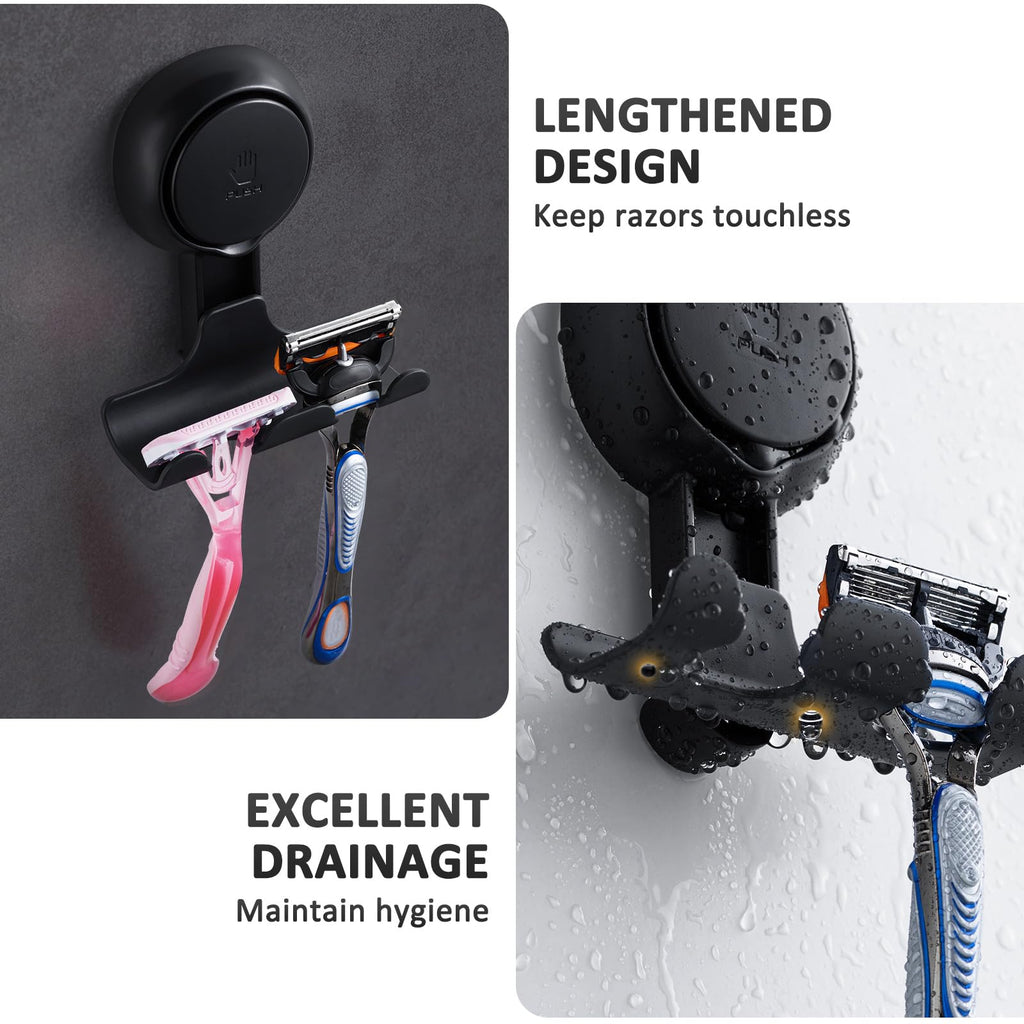 LEVERLOC Razor Holder for Shower 2 Pack, Powerful Vacuum Suction Cup Hook for Towel, Loofah, Razor, Squeegee, Damage-Free Wall Shower Hook, Shaver Holder for Bathroom, Easy to Install and Reuse, Black