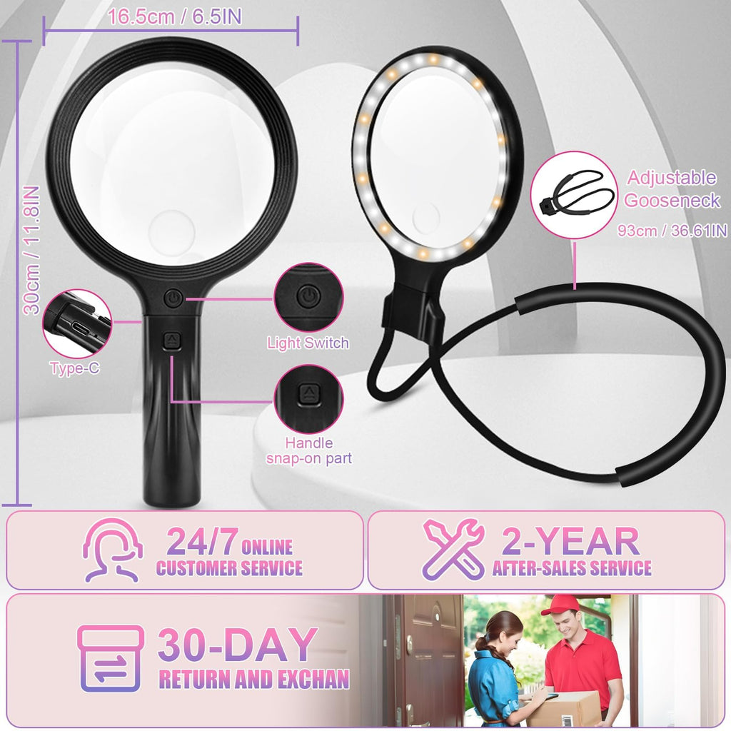 5.0 Upgraded Magnifying Glass Hand Free【12X German Ultra-HD Lens】【Cloud Sponge Neck Protection】 3 Smart Mode Light, All-Purpose Magnifying for Reading, Cross Stitch, Craft Seniors Use (Black)