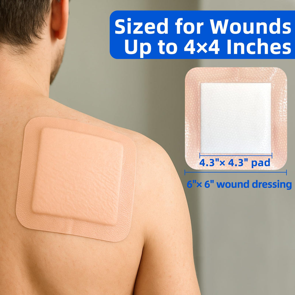 6" x 6" Silicone Super Absorbent Wound Dressing(16 Count) - Gentle Border Large Bandages for Pressure Ulcer, Surgical Wounds, Heavy Exudate Wound Care Pads