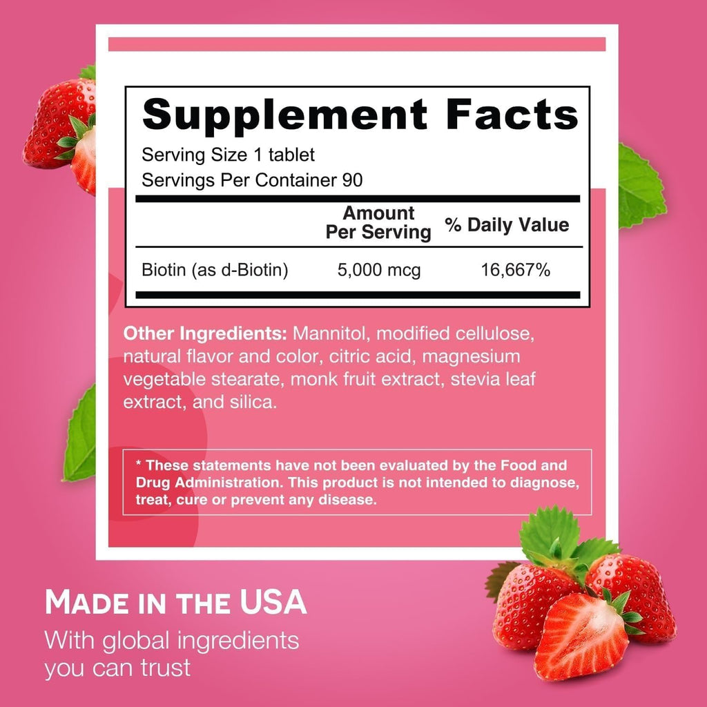 EZ Melts Biotin - Daily Vitamin B7 for Healthy Hair, Skin & Nails - Energy Metabolism Support - No Artificial Flavors - Non-GMO & Vegan - Strawberry Burst - 180 Dissolvable Tablets (180 Servings)