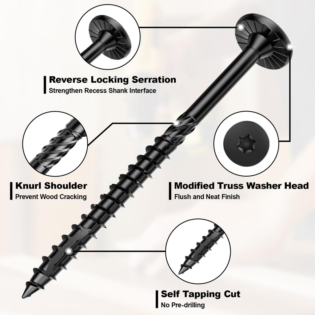FMhotu #14 Heavy-Duty Wood Screws, Star Drive Deck Screws, Rust Resistant Timber Screws for Timber/Log/Landscaping Wood (2-7/8 Inch,250Pcs,Black)