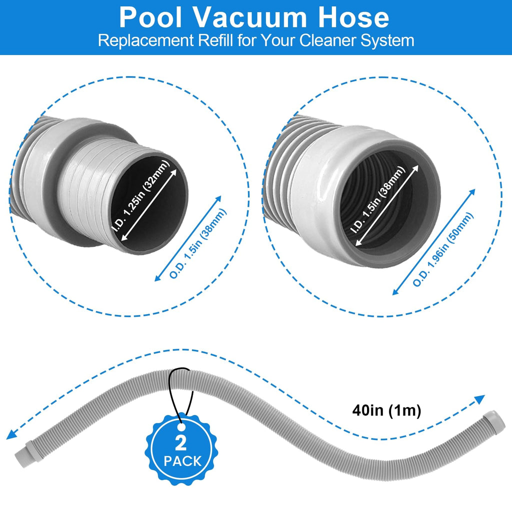 Poolvio Pool Vacuum Hose 2-Pack, Spare & Replacement, 40" Flexible Spiral-Wound Hose with 1.5" Male & Female Cuff Ends, Compatible with Most Inground Pool Automatic Cleaners, Gray