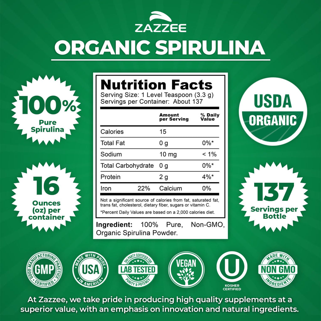 Zazzee USDA Organic Spirulina Powder, 16 Ounces (1 LB), 137 Servings, Certified Kosher, 100% Pure, Non-Irradiated, Mess-Free Wide Mouth Container, Fresh Smell and Neutral Taste, Non-GMO, Made in USA