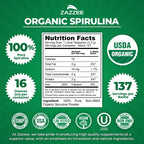 Zazzee USDA Organic Spirulina Powder, 16 Ounces (1 LB), 137 Servings, Certified Kosher, 100% Pure, Non-Irradiated, Mess-Free Wide Mouth Container, Fresh Smell and Neutral Taste, Non-GMO, Made in USA