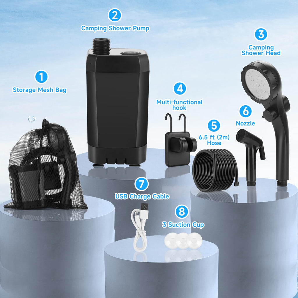 vignuto Portable Shower for Camping, Rechargeable Camping Shower kit with LED Display of Battery Level and Temperature, Lasting-150 Mins, Suitable for Outdoor Shower, Pet Bath, Car Washing