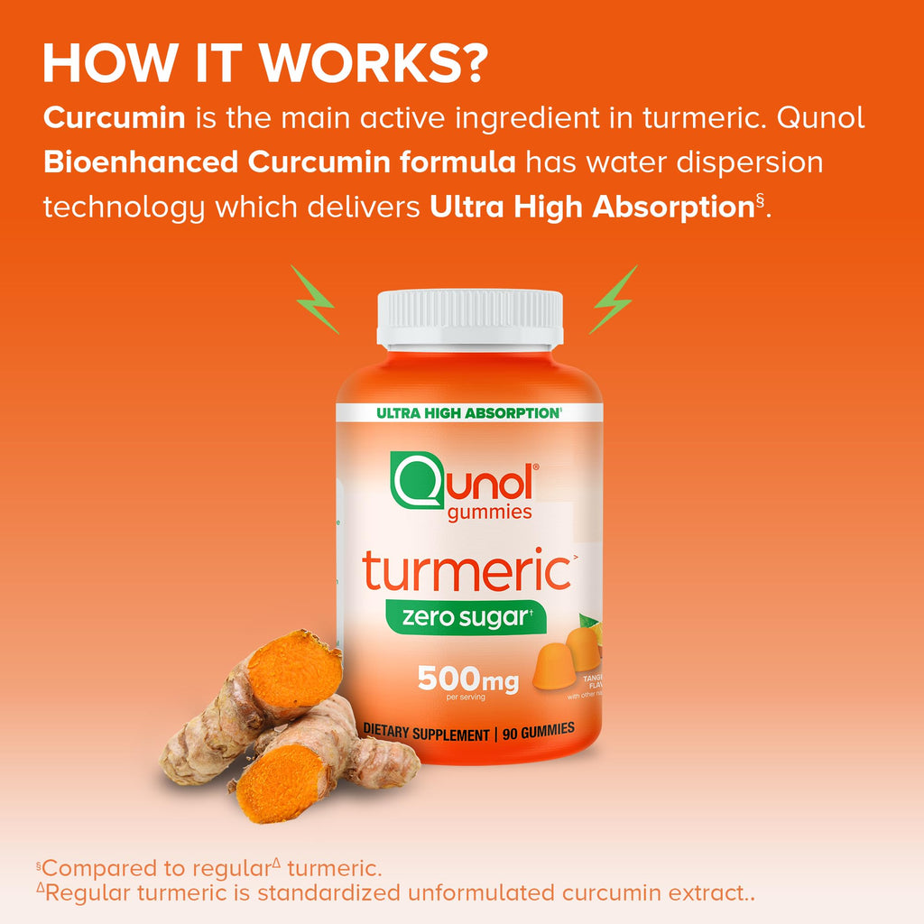 Qunol Zero Sugar Turmeric Gummies, Gummy with 500mg Turmeric Curcumin, Joint Support Supplement, Ultra High Absorption Turmeric Curcumin, Vegetarian, Gluten Free, 90 Count