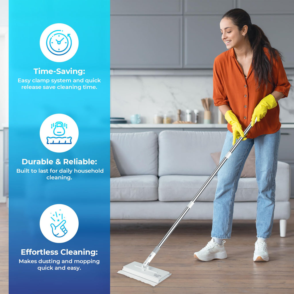 CleanMattix - FlexiClamp Sweep & Mop Kit - Compatible with Swiffer Pads, Durable Cleaning Tool for Hardwood, Tile, Marble & Laminate Floors, Home, Kitchen Cleaning Essentials. (Include 10 Dry Cloths)