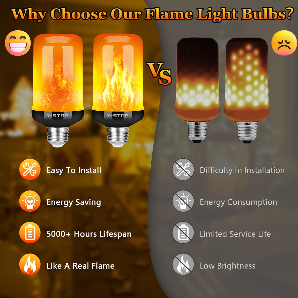 Y- STOP Upgraded Flame Light Bulbs, 4 Modes Flickering Light Bulb with Upside Down Effect, E26 Base Flame Bulb for Halloween Lights, Christmas Decorations Outdoor Indoor, Party Decor (4 Pack)