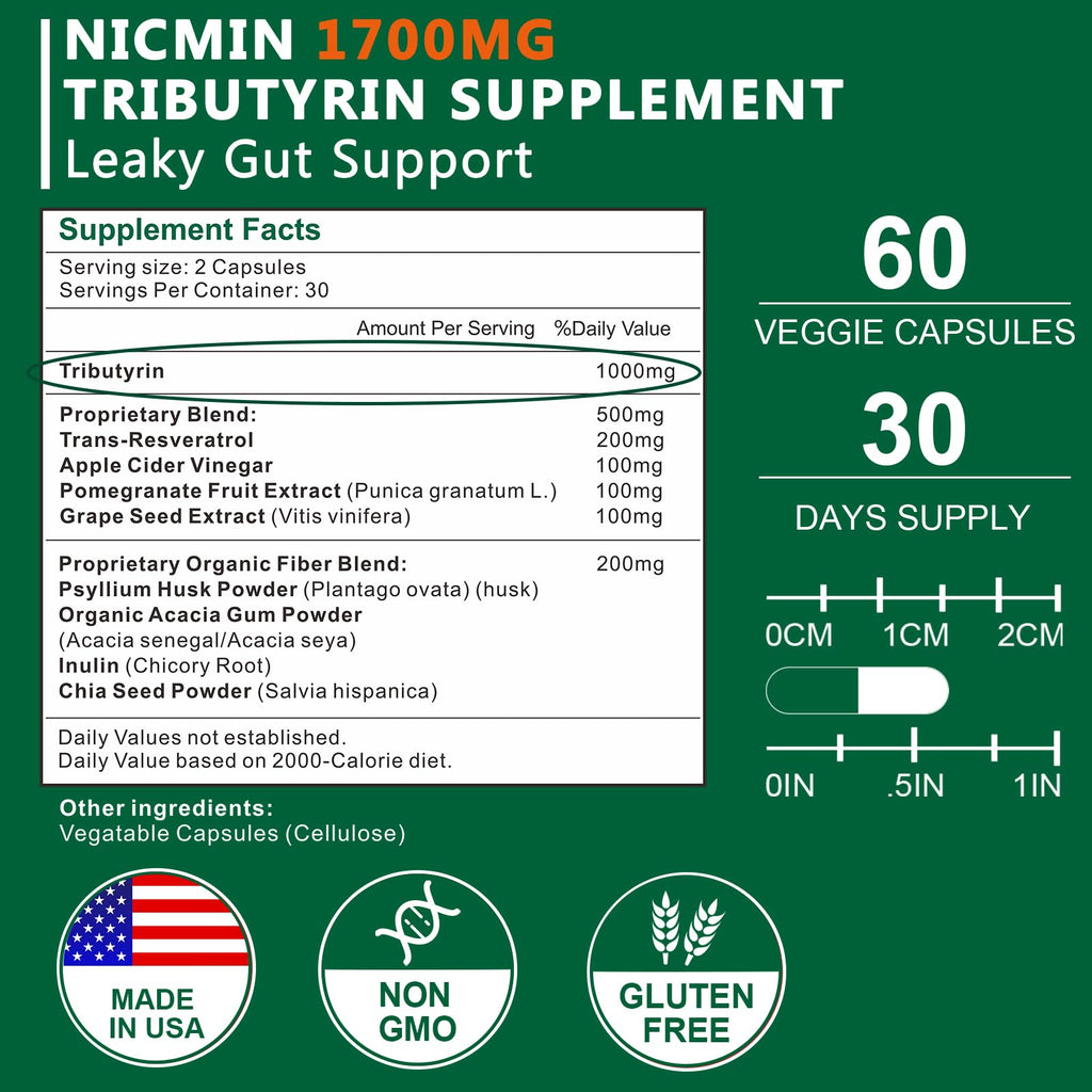 NICMIN Tributyrin Supplement - Premium Butyrate Gut Health Supplement for Leaky Gut 60 Capsules