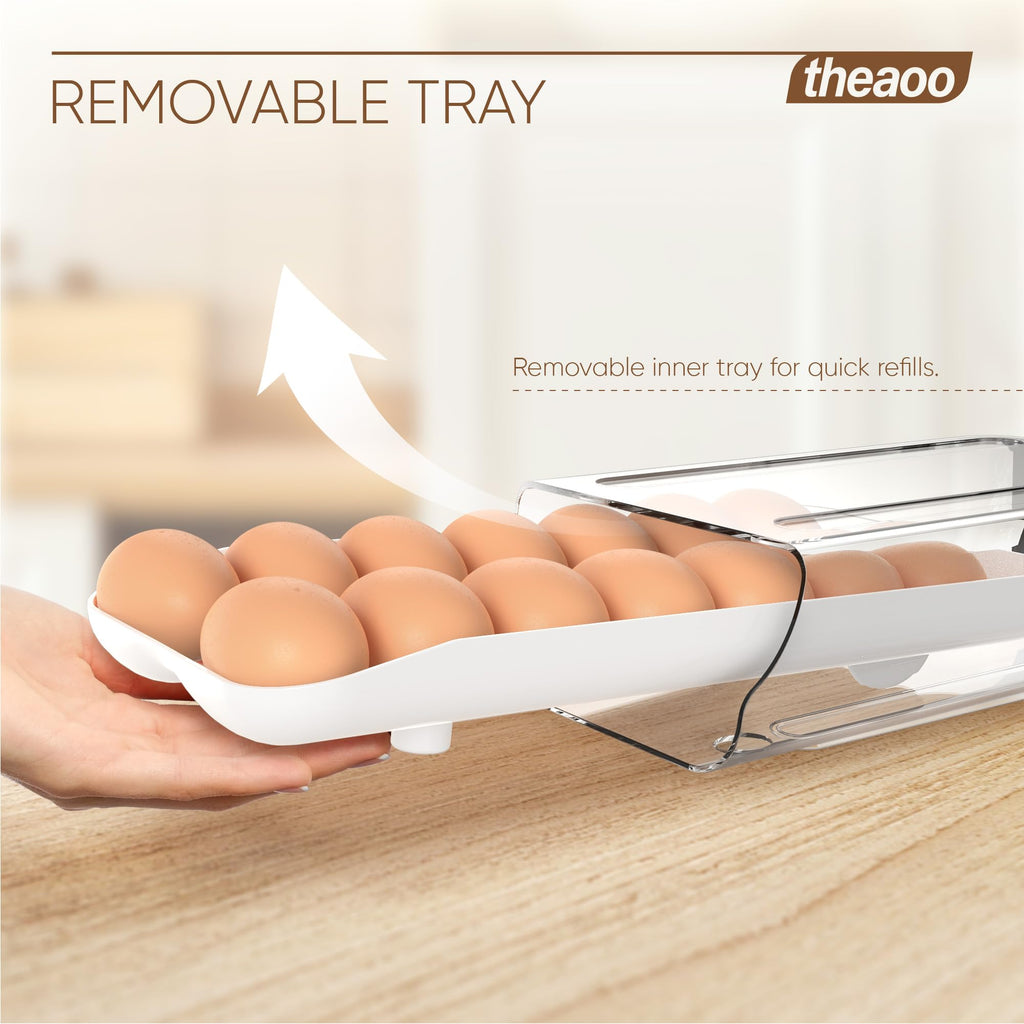 theaoo Egg Holder for Fridge, Automatic Rolling Egg Container for Refrigerator, Clear Plastic Egg Dispenser, Stackable Eggs Organizer with Quick Removable inner Tray For Organizers and Storage, 1 Pack