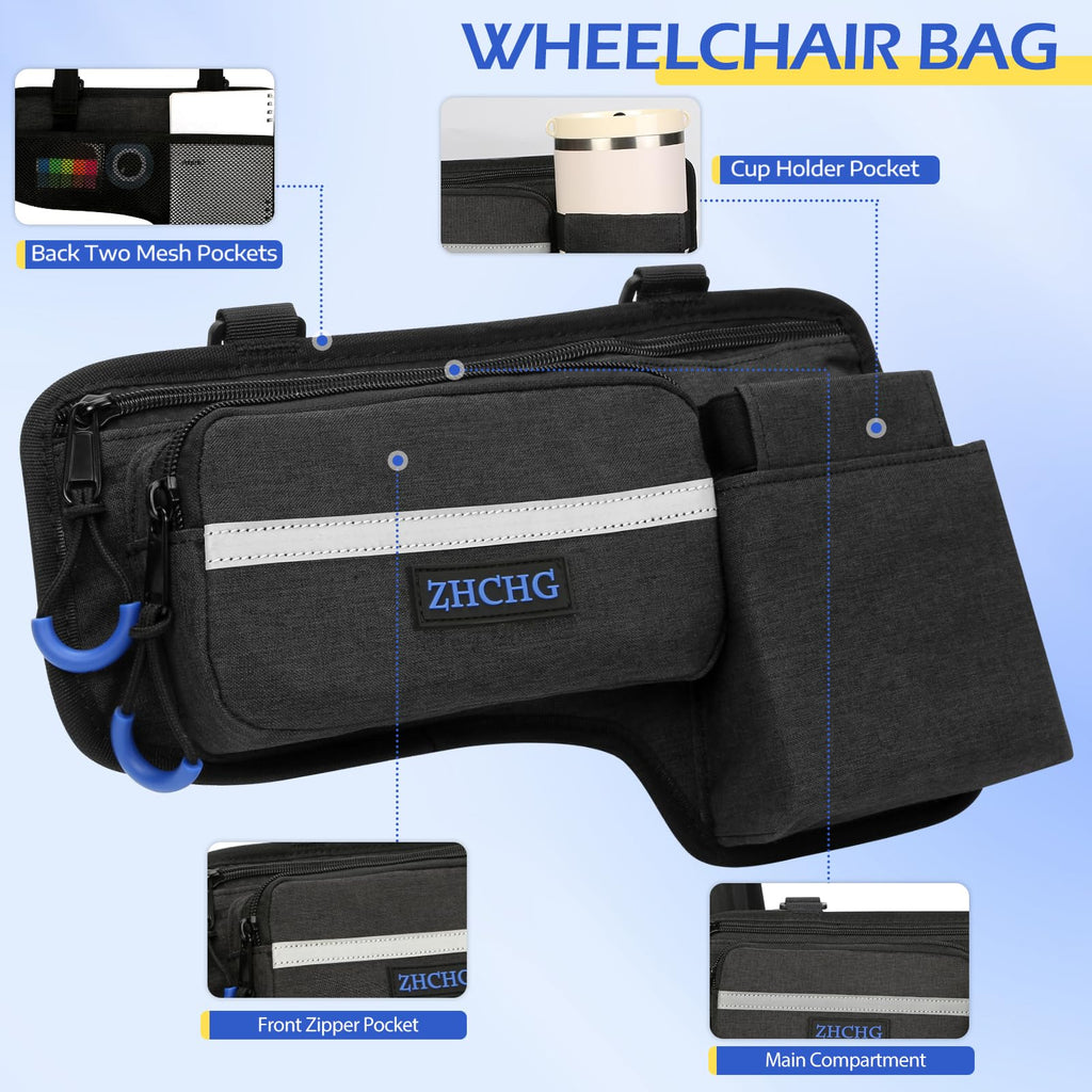 ZHCHG Upgraded Wheelchair Side Bag with Cup Holder, Wheelchair Armrest Pouch for Walker, Wheelchair Accessories Storage Bag