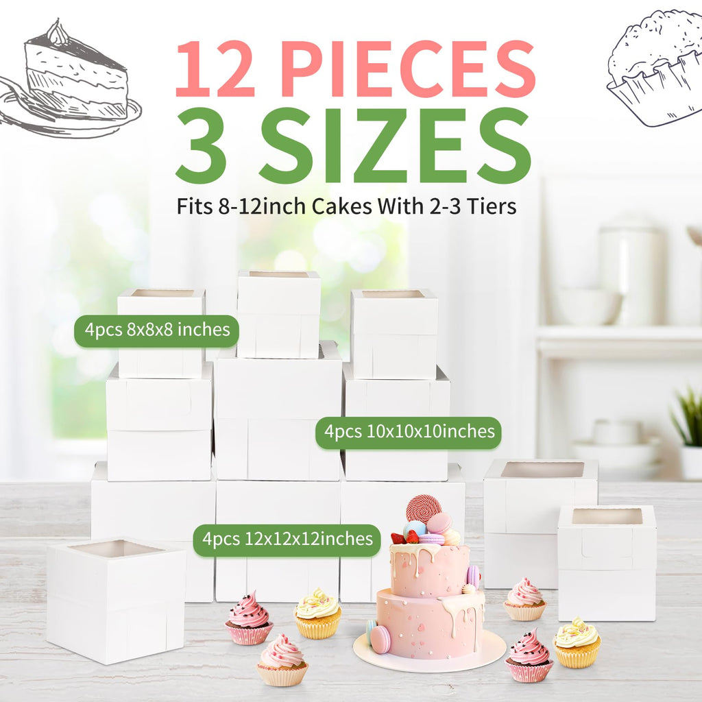 Moretoes 12 Pcs Cake Box, Tall Cake Boxes with Window in 3 Sizes 12x12x12 10x10x10 8x8x8 Inches, Bakery Boxes Disposable Carrier Take Out Container, 2 or 3 Tier for Valentine's Day Mother's Day